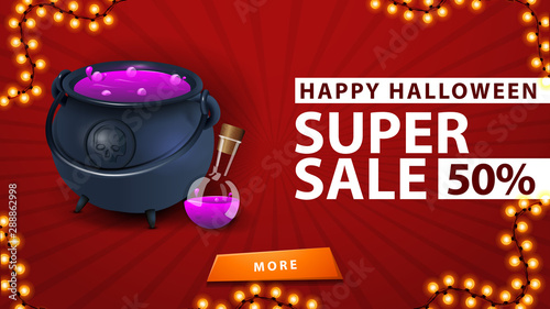Halloween super sale, up to 50% off, red banner with witch's cauldron with potion