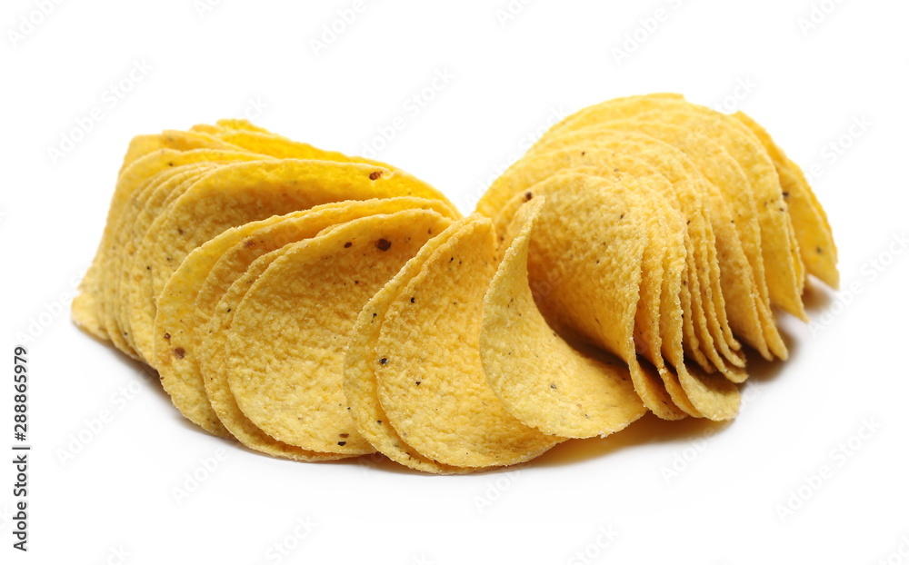 Corn tortilla chips pile isolated on white background Corn tortilla chips pile isolated on white background
