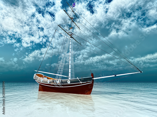 Pirate ship at sea 3d rendering