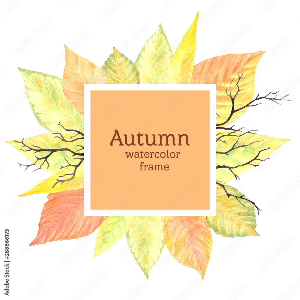 Fototapeta Frame of watercolor autumn leaves and branches. Background for advertising, photos, notebooks, notebooks, textiles.