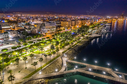 Cyprus. Night Limassol. Night promenade of Limassol. Limassol aerial view. The beaches of the Mediterranean Sea.Travel to Cyprus. Holidays in the Mediterranean.The beaches of Cyprus. Travel to the sea © Grispb