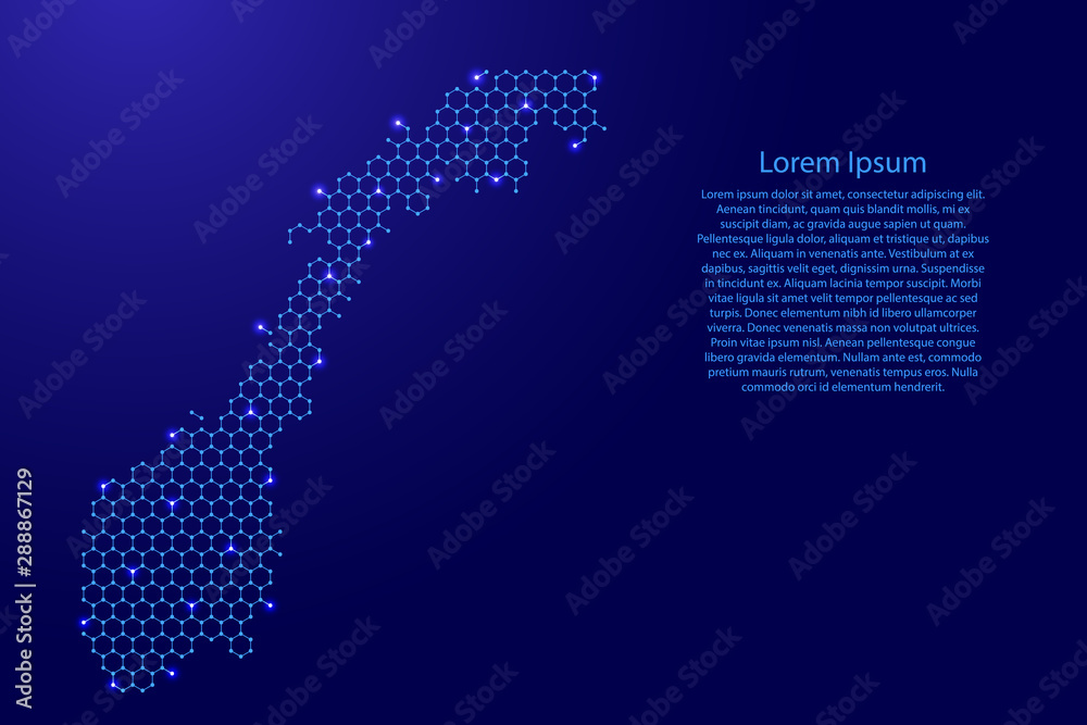 Norway map from futuristic hexagonal shapes, lines, points  blue and glowing stars in nodes, form of honeycomb or molecular structure for banner, poster, greeting card. Vector illustration.