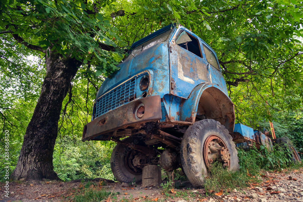 Old abandoned truck in the forest