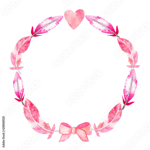 Round watercolor frame of feathers, bow, hearts. For registration of forms, headings, covers, business cards, invitations. Creating prints for t-shirts, dishes, office