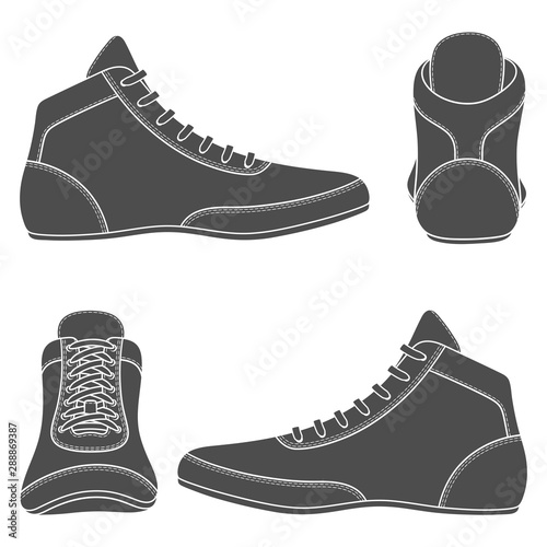 Set of black and white illustrations with wrestling shoes, sports shoes. Isolated vector objects on a white background.