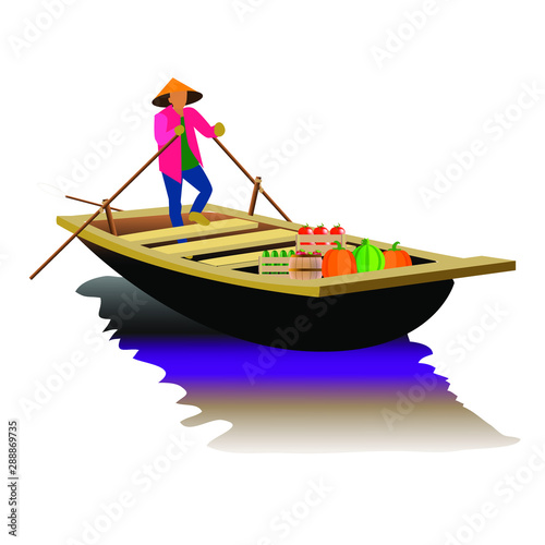 Asian food seller on a boat. Vector drawing on a white background.