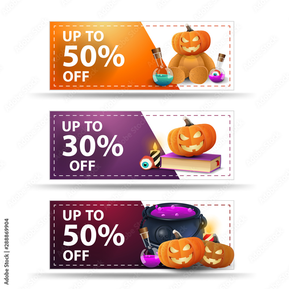 Collection of discount Halloween banners with discounts up to 50% and 30%