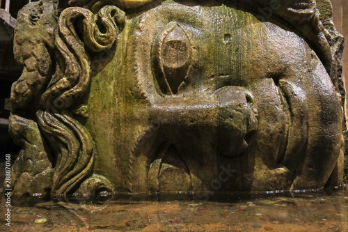 Medusa head in the Basilica Cisterna in Istanbul, Turkey.