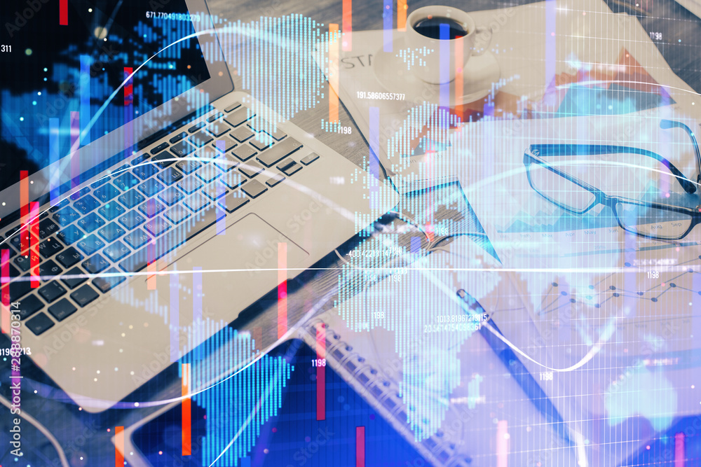 Double exposure of business theme icons and work space with computer background. Concept of success. Double exposure of business theme icons and work space with computer background. Concept of success.