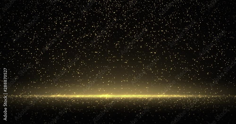 Golden glitter rain with bokeh light and gold particles splash. Golden sparks shimmer glow flow on luxury black and gold background