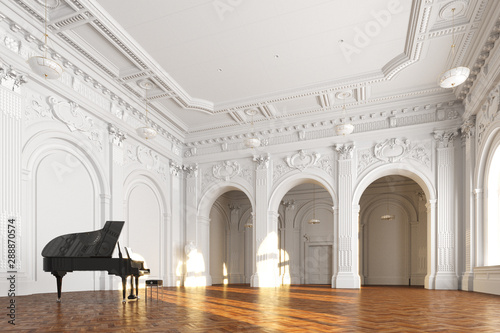 Photography black grand piano in white church interior 3d render