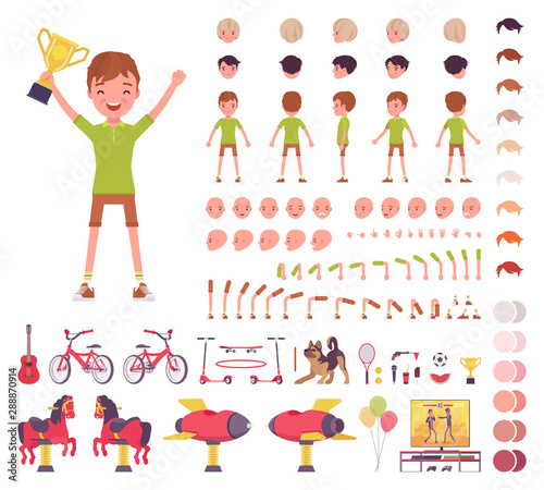 Boy child 7, 9 years old, school age kid construction set, schoolboy, active guy in summer wear, fun, activities creation elements to build your own design. Cartoon flat style infographic illustration