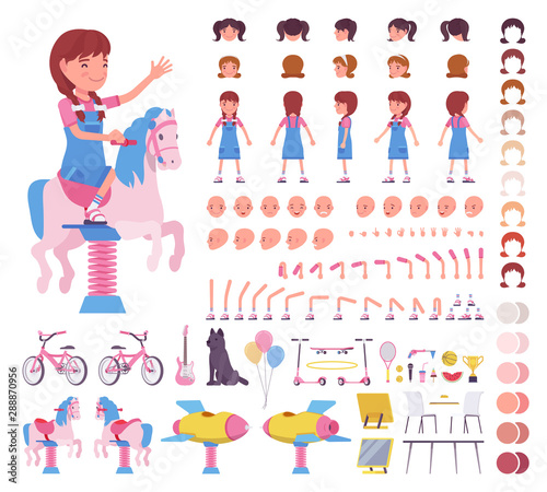 Girl child 7, 9 years old, school age kid construction set, active schoolgirl in summer wear, fun and activities creation elements to build your own design. Cartoon flat style infographic illustration