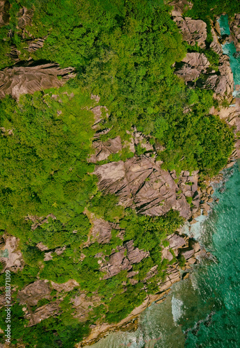 Sychelles Island. La Digue overhead aerial view  Anse Source D Argent