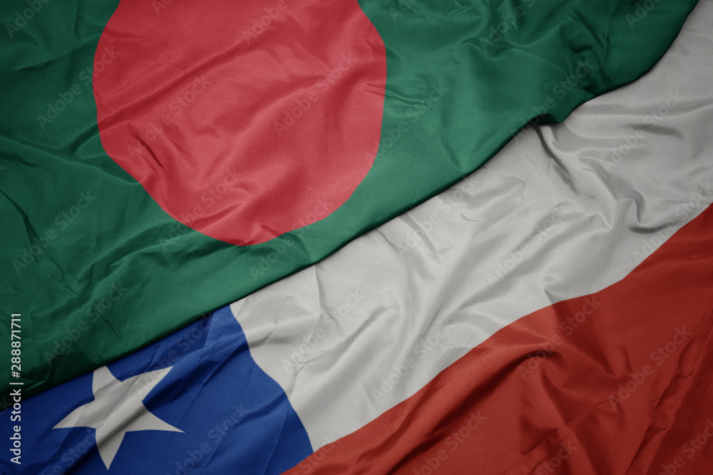 waving colorful flag of chile and national flag of bangladesh.