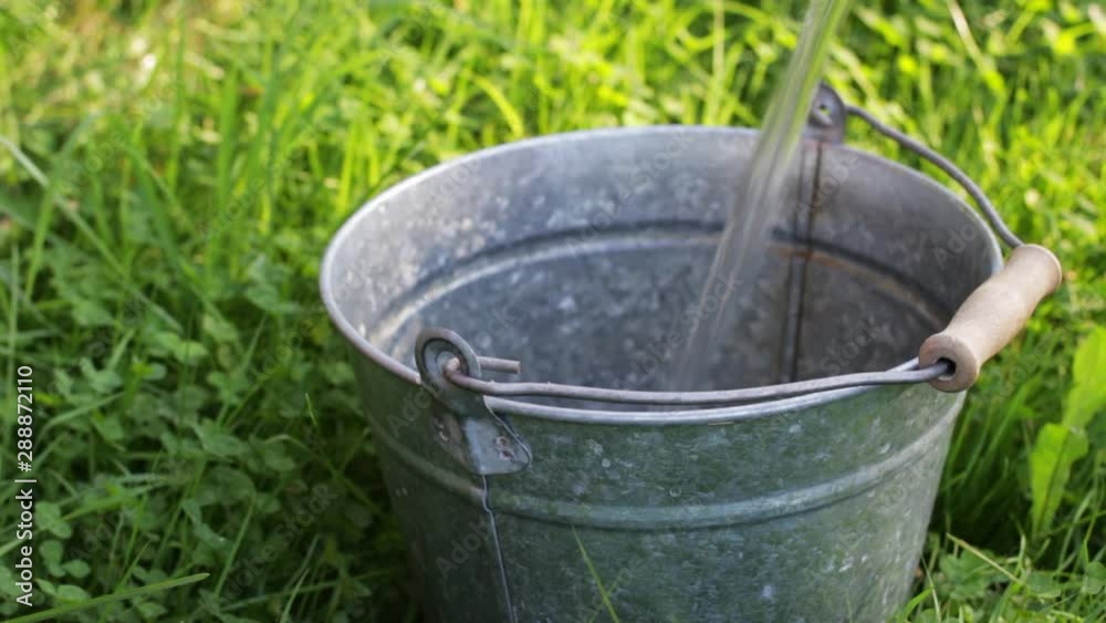 Old metal bucket is fills with water in the grass Old metal bucket is fills with water in the grass