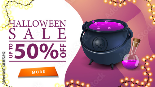 Halloween sale, up to 50% off, discount pink banner with button and witch's cauldron with potion