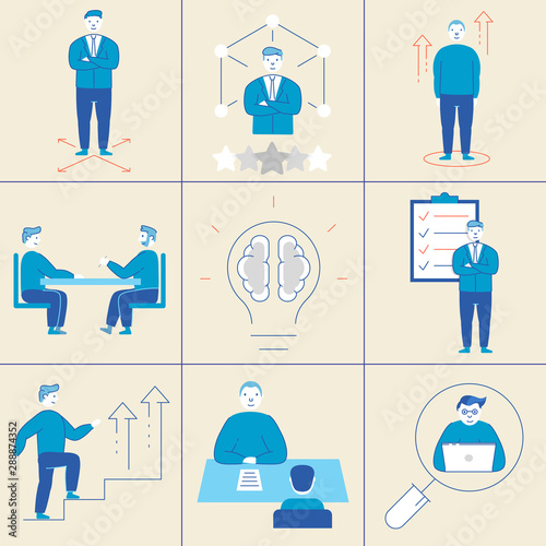 Vector set of linear flat symbols related to Human Resource Management, Job Recruitment, Personal Development and Competence. filled outline