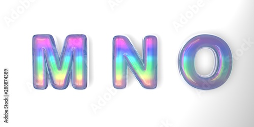 3D text of the letter m, n, o in the style of soap bubbles with a rainbow tint on a white background with shadow.