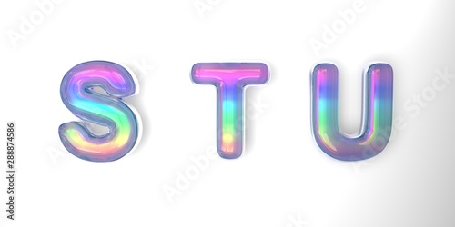 3D text of the letter s, t, u in the style of soap bubbles with a rainbow tint on a white background with shadow.