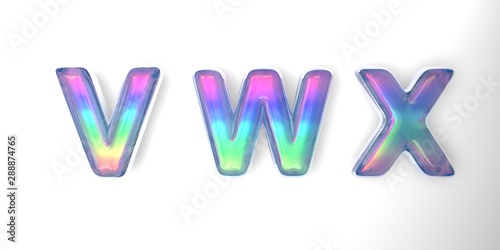 3D text of the letter v, w, x in the style of soap bubbles with a rainbow tint on a white background with shadow.