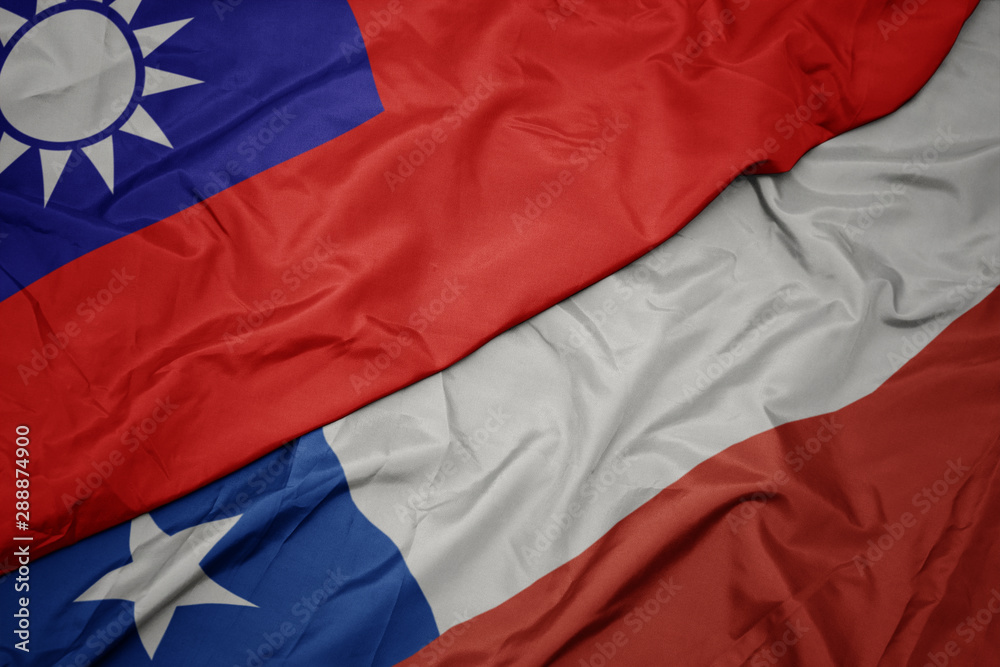 waving colorful flag of chile and national flag of taiwan. waving colorful flag of chile and national flag of taiwan.