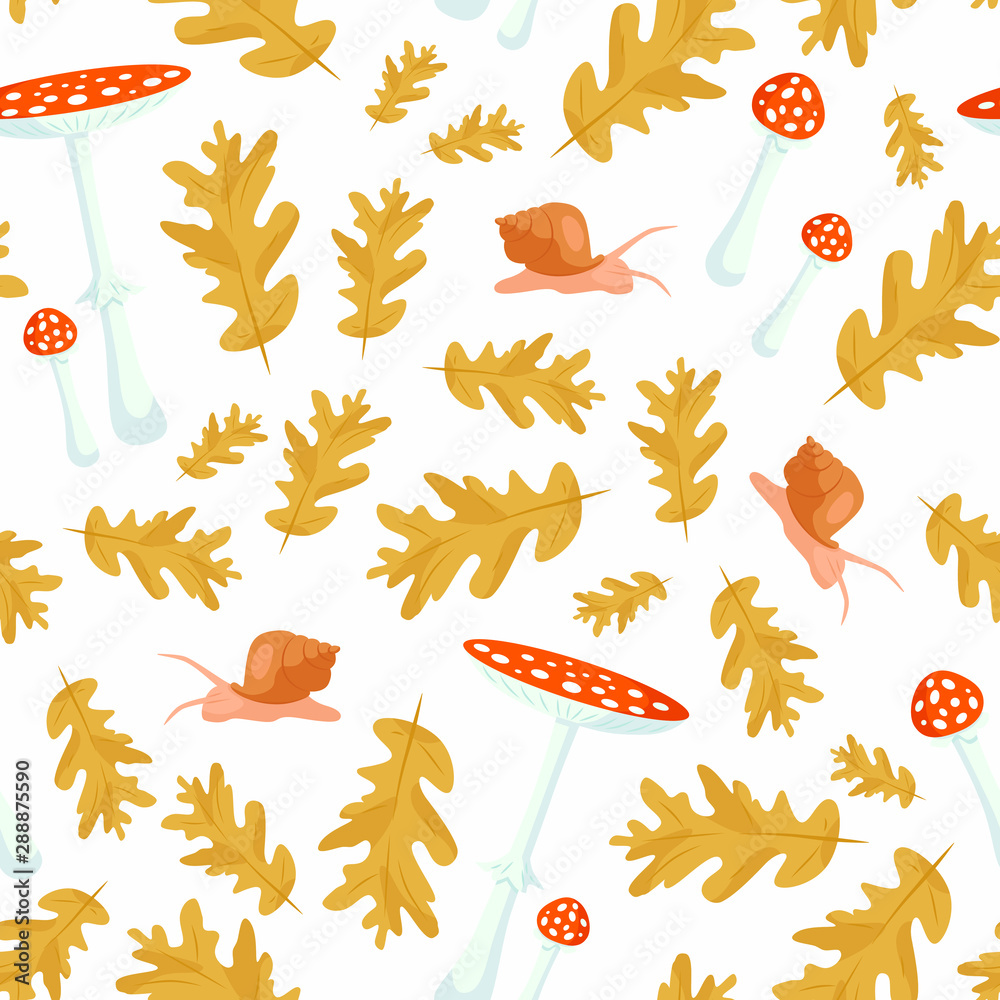 Obraz premium Beautiful vector seamless pattern of autumn leaves, snail and toadstools on white background. Forest, autumn, mushrooms, silence. Design for Wallpaper, textiles, paper.