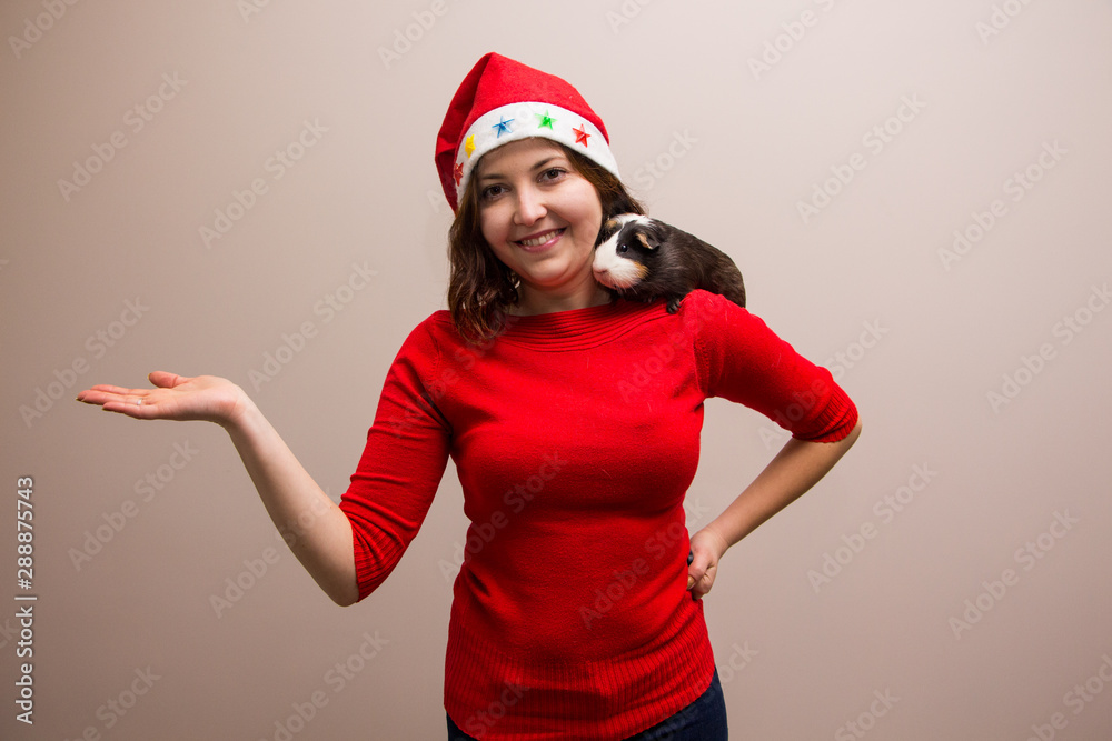 Photo of happy girl and funny guinea pig in santa hat Photo of happy girl and funny guinea pig in santa hat