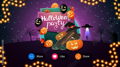 Halloween party  card with beautiful night landscape on the background and invitation plate with Halloween balloons  wooden sign  witch hat and pumpkin Jack