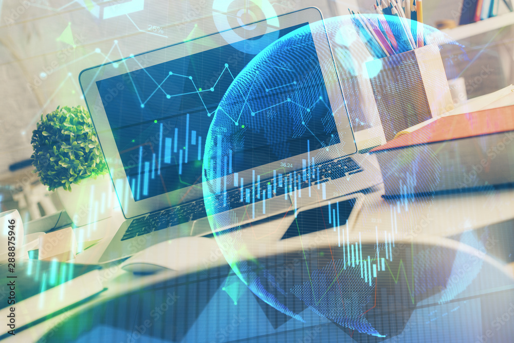 Multi exposure of forex chart and work space with computer. Concept of international online trading. Multi exposure of forex chart and work space with computer. Concept of international online trading.