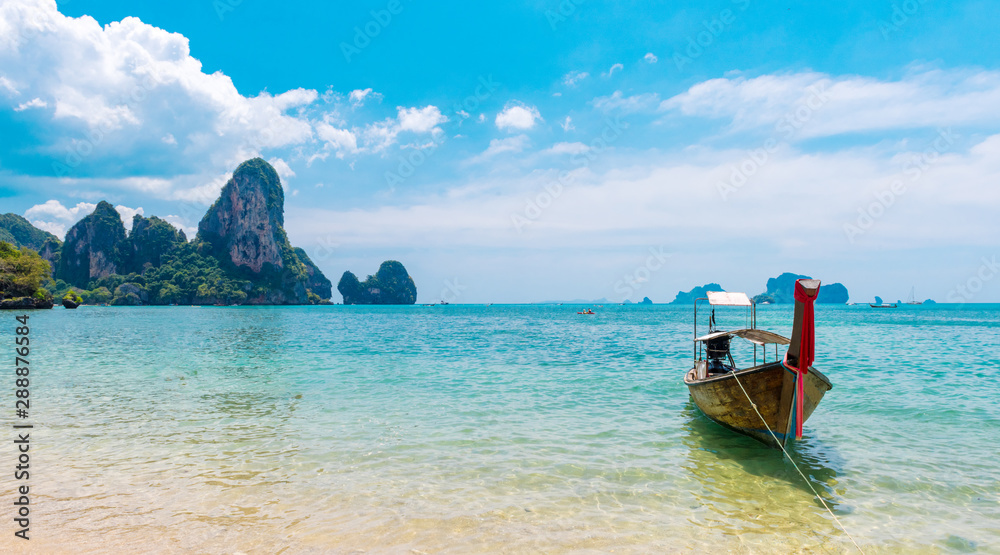 Long tail boat on tropical Railay beach, Aonang, Krabi, Thailand