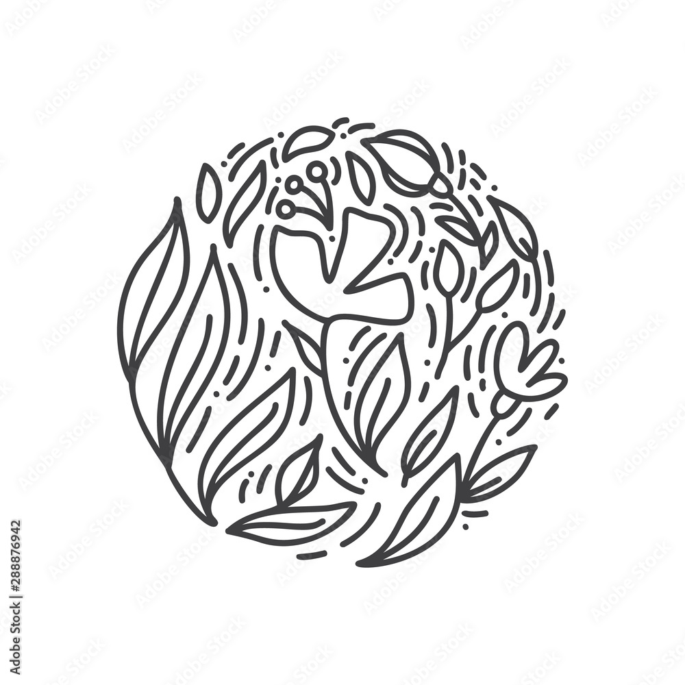 Abstract emblem flower in a circle in linear style. Monoline vector plant logo for design of natural products, flower shop, cosmetics, ecology concepts, health, spa, yoga center Abstract emblem flower in a circle in linear style. Monoline vector plant logo for design of natural products, flower shop, cosmetics, ecology concepts, health, spa, yoga center