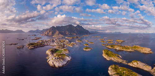 Norway, Henningvaer town panoramic top view, Norwegian fjords photo