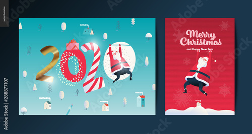 Merry Christmas and Happy New Year greeting cards set - modern flat vector concept illustrations of Santa Claus and Winter Holiday decoration and golden elements, snow and stars