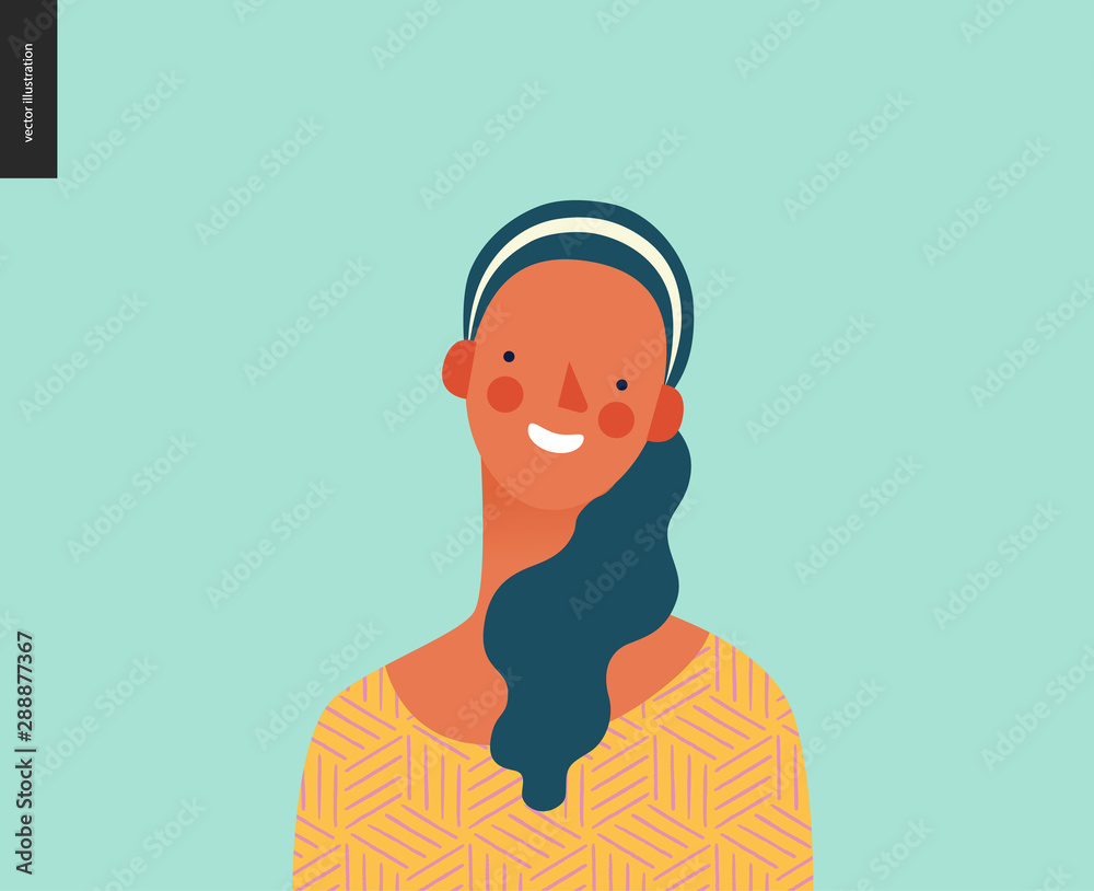 Bright people portrait - hand drawn flat style vector design concept illustration of young brunette woman, face and shoulders avatar. Flat style vector icon Bright people portrait - hand drawn flat style vector design concept illustration of young brunette woman, face and shoulders avatar. Flat style vector icon
