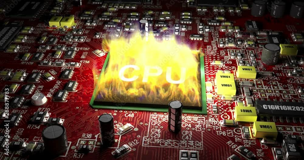 CPU without heatsink burns on motherboard, CG loopable animation, 4K. Concept of hard working