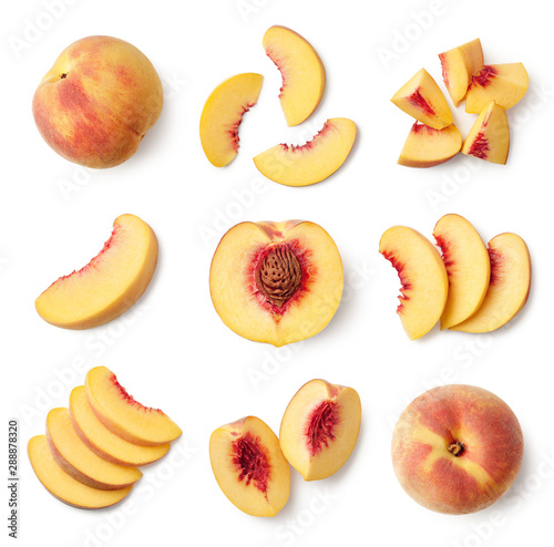 Fototapeta Set of fresh whole and sliced peach fruit