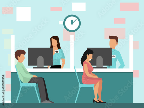 People at credit department in bank office vector illustration. Man and woman are sitting in bank office near managers. Businesspeople at bank interior.