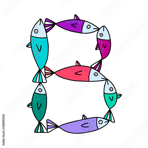 B letter hand drawn vector illustration sardines form in cartoon style