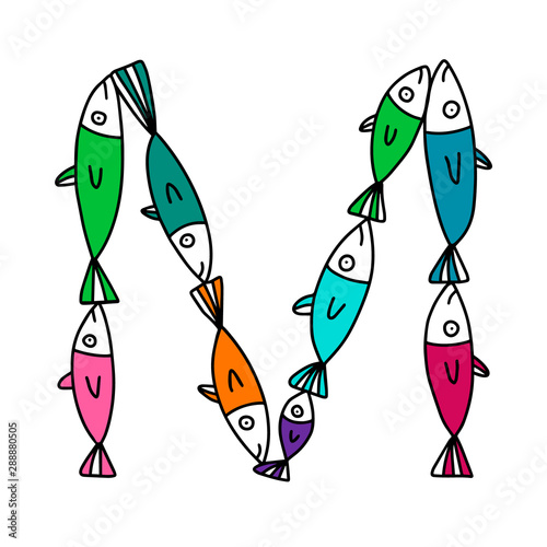 M letter hand drawn vector illustration sardines form in cartoon style
