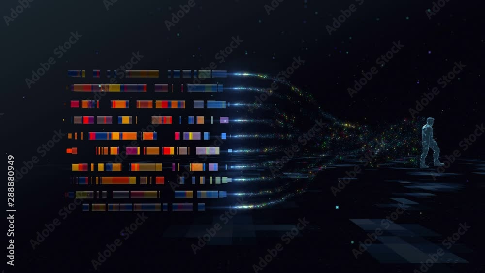 Loop infinite abstract digital man walks in digital space generating a cloud of color data symbols of particles gathering in a big data. The concept of bigdata with diagram, big brother digital spy