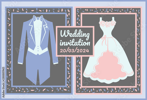 wedding card with a suit and a dress