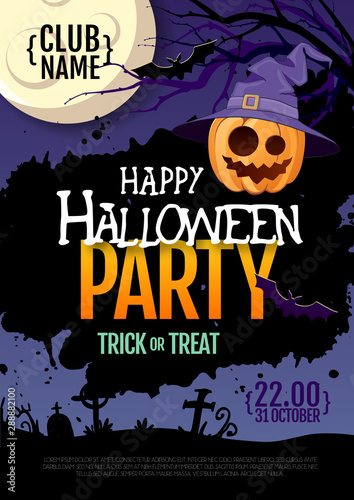 Halloween disco party poster with jack o lantern pumpkin and full moon. Halloween background