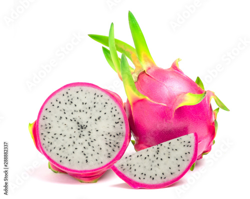 Dragon fruit with slice and cut in half isolate on white background