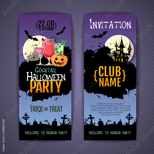 Halloween disco cocktail party poster with jack o lantern pumpkin and full moon. Invitation design. Halloween background