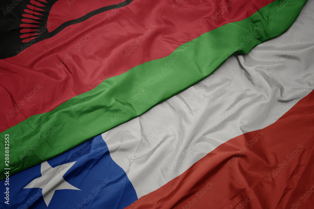 waving colorful flag of chile and national flag of malawi.