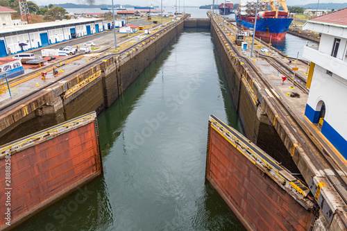 Panama Canal locks open to allow ship passage