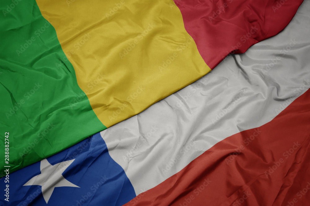 waving colorful flag of chile and national flag of mali.