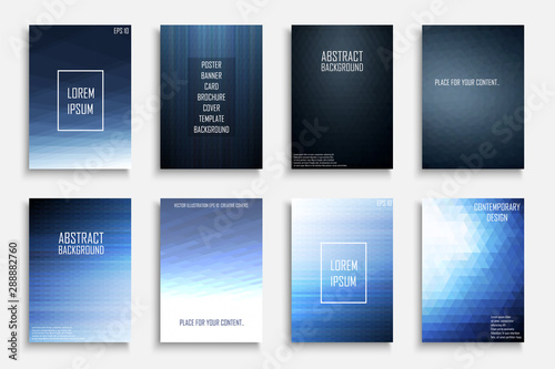 Collection of blue vector abstract gradient contemporary backgrounds. Dark color covers - mosaic geometric design.