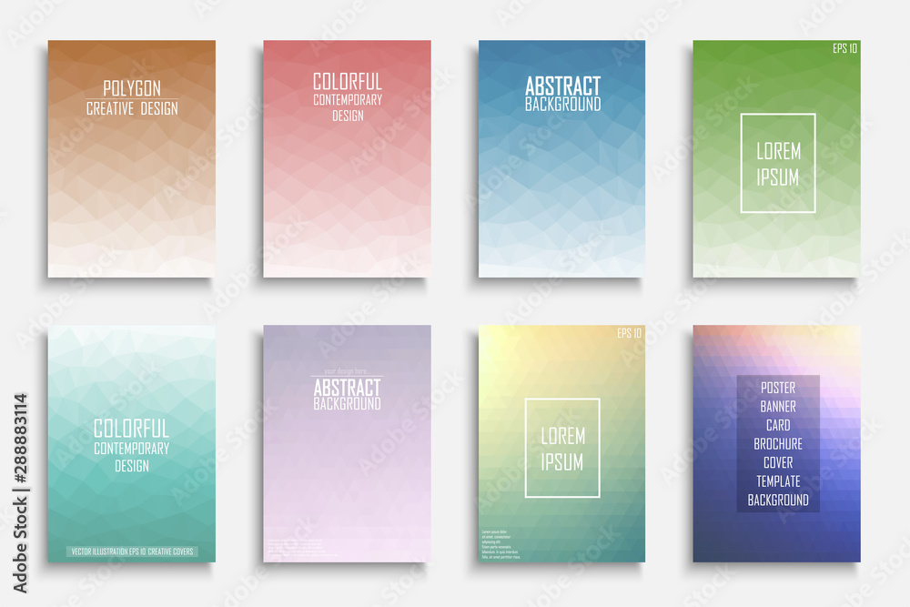 Naklejka premium Collection of vector colorful abstract polygonal contemporary backgrounds. Vibrant gradient covers - mosaic geometric design.